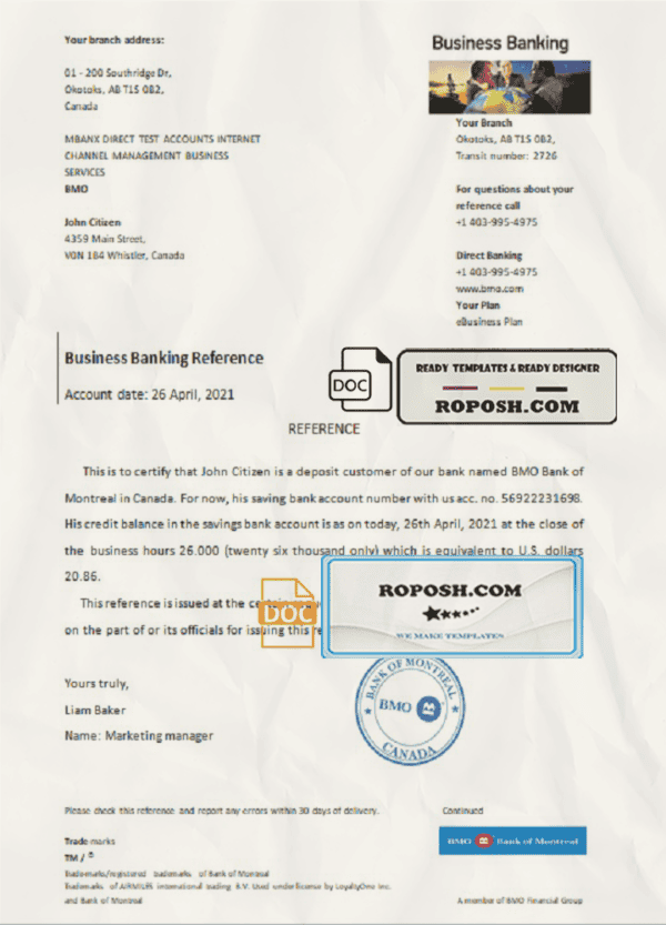 Canada CIBC Bank account reference letter template in Word and PDF format