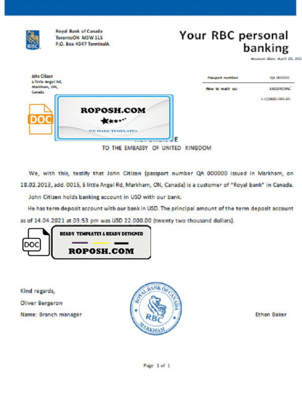 Canada Royal Bank of Canada (RBC) bank account reference letter template in Word and PDF format