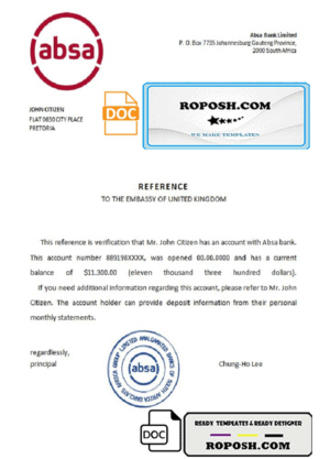 South Africa ABSA bank reference letter template in Word and PDF format