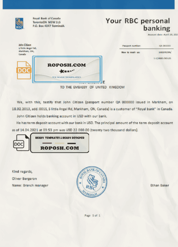 Canada Royal Bank of Canada (RBC) bank account reference letter template in Word and PDF format
