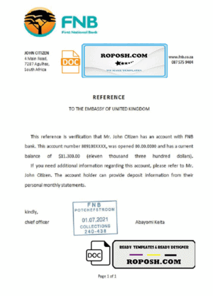 South Africa FNB bank reference letter template in Word and PDF format
