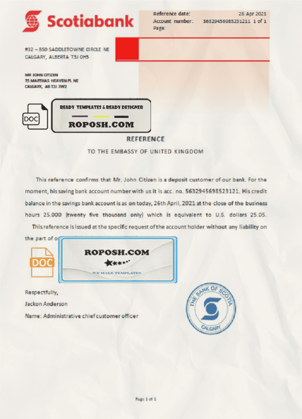 Canada Scotiabank account reference letter template in Word and PDF format