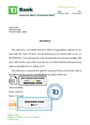 Canada TD Bank account reference letter template in Word and PDF format