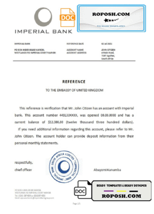 South Africa Imperial Bank bank reference letter template in Word and PDF format