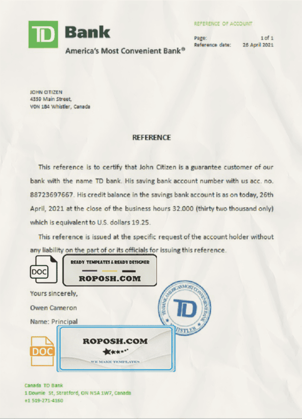 Canada TD Bank account reference letter template in Word and PDF format