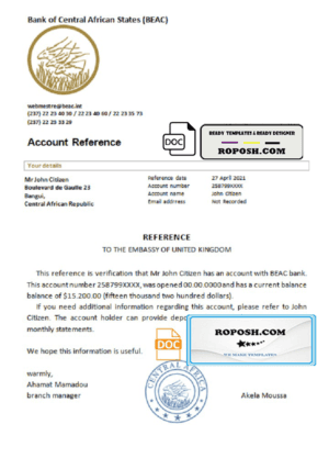 Central African Republic Bank of Central African States (BEAC) bank account reference letter template in Word and PDF format