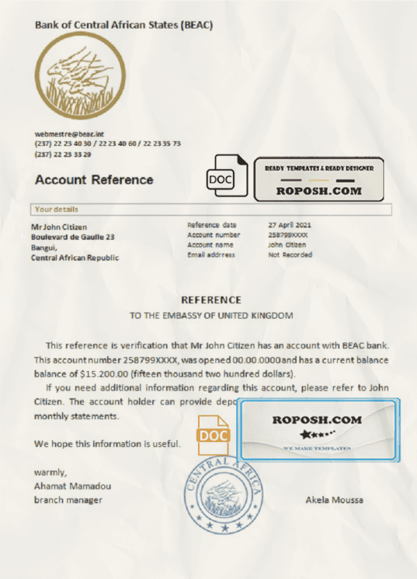 Central African Republic Bank of Central African States (BEAC) bank account reference letter template in Word and PDF format