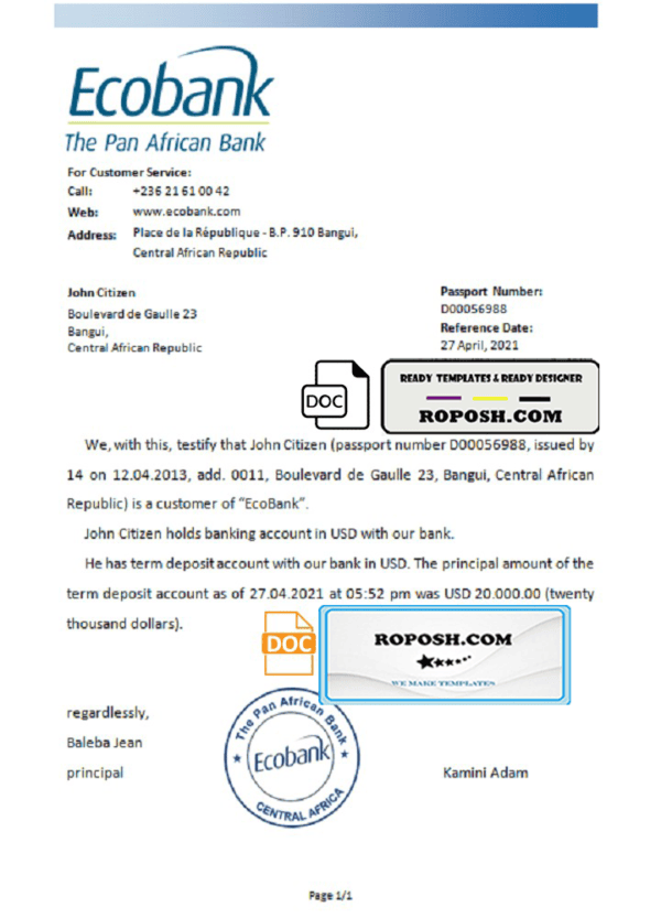 Central African Republic Ecobank bank account reference letter template in Word and PDF format