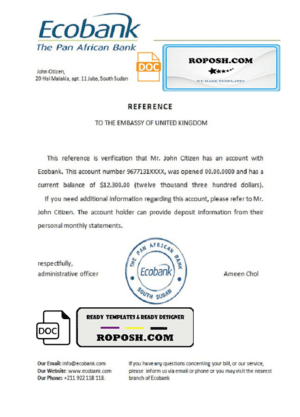 South Sudan Ecobank bank reference letter template in Word and PDF format
