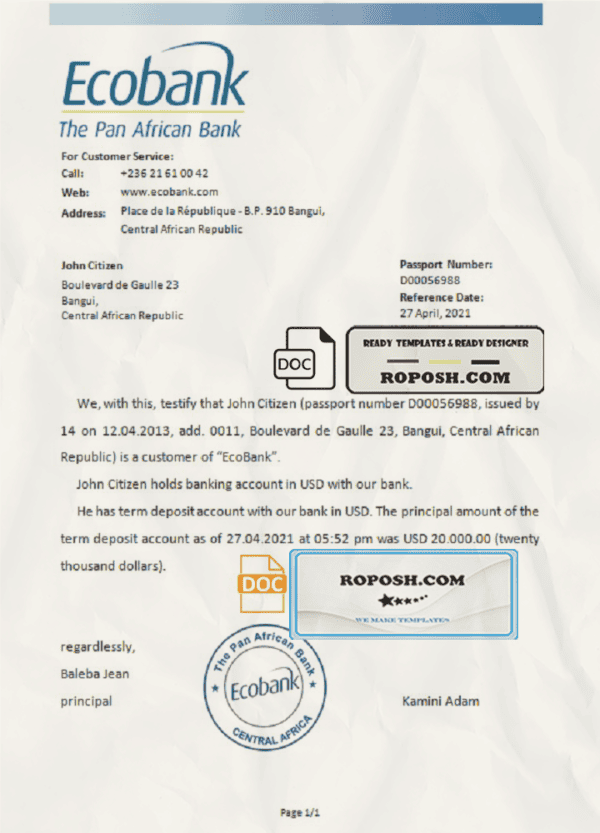 Central African Republic Ecobank bank account reference letter template in Word and PDF format