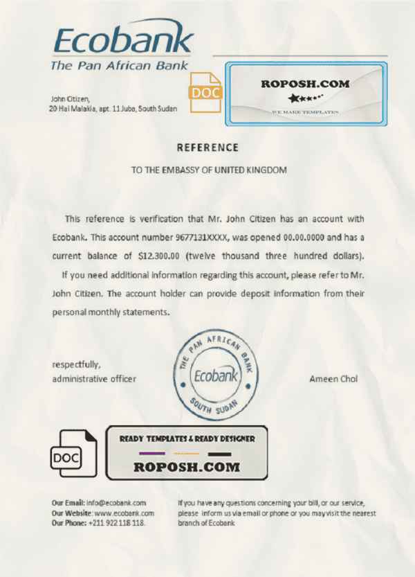 South Sudan Ecobank bank reference letter template in Word and PDF format