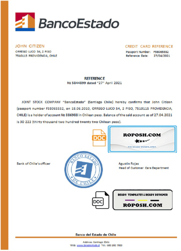 Chile Banco del Estado de Chile bank account reference letter template in Word and PDF format