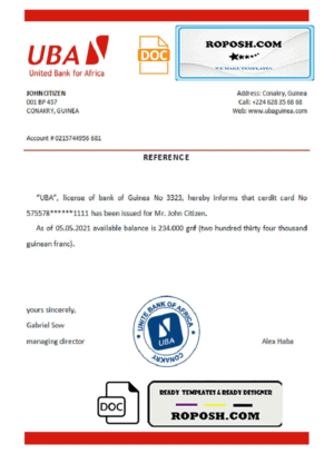 Guinea UBA bank account reference letter template in Word and PDF format