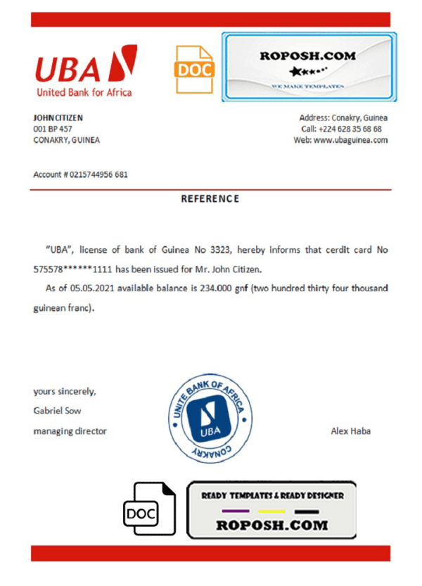 Guinea UBA bank account reference letter template in Word and PDF format