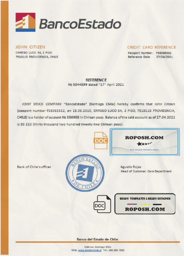 Chile Banco del Estado de Chile bank account reference letter template in Word and PDF format