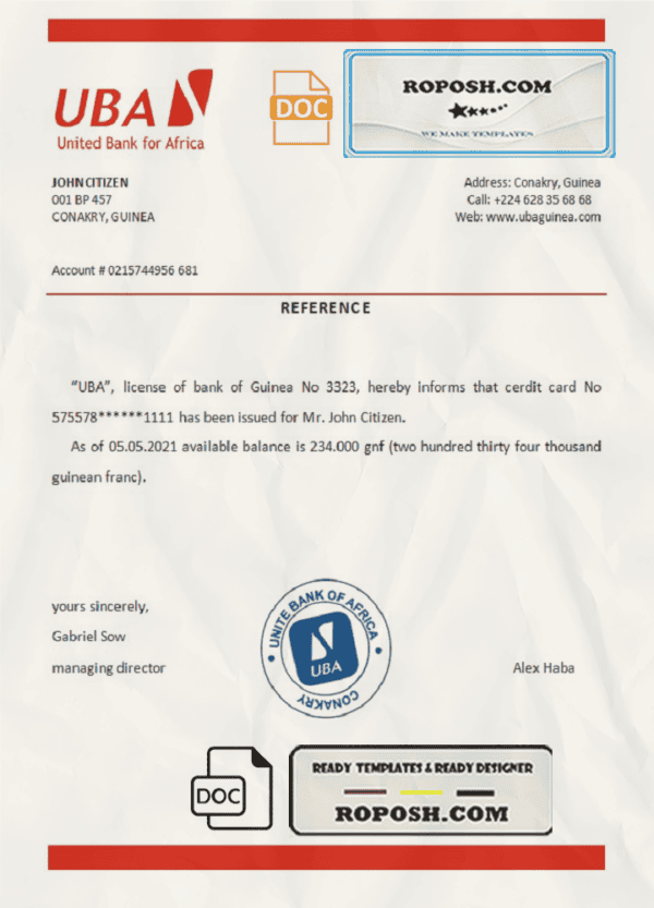 Guinea UBA bank account reference letter template in Word and PDF format