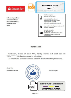 Spain Santander bank reference letter template in Word and PDF format