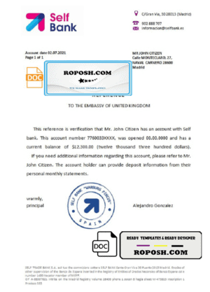 Spain Self Bank bank reference letter template in Word and PDF format