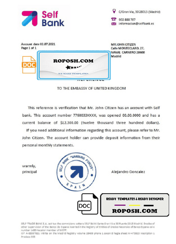 Spain Self Bank bank reference letter template in Word and PDF format