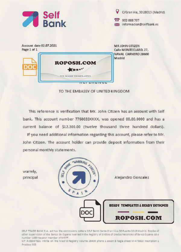 Spain Self Bank bank reference letter template in Word and PDF format