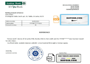 Sri Lanka Amana Bank bank reference letter template in Word and PDF format
