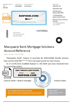 Australia Macquarie bank reference letter template in Word and PDF format