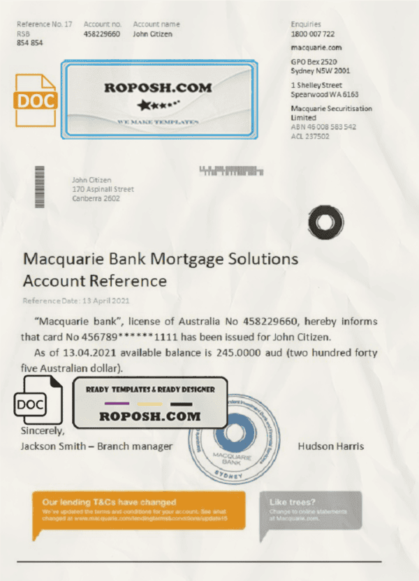 Australia Macquarie bank reference letter template in Word and PDF format