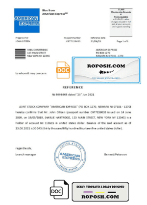 USA American Express bank account balance reference letter template in Word and PDF format