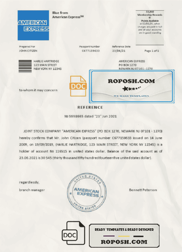 USA American Express bank account balance reference letter template in Word and PDF format