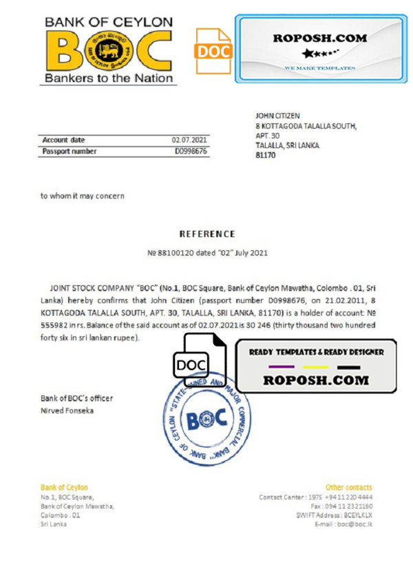 Sri Lanka BOC bank reference letter template in Word and PDF format