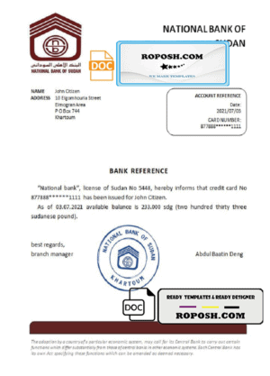 Sudan National Bank of Sudan bank account balance reference letter template in Word and PDF format