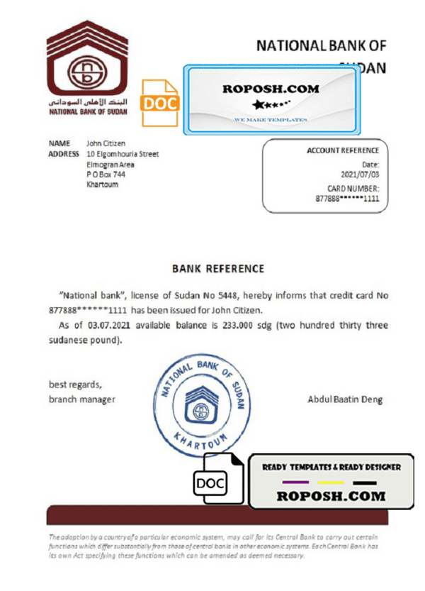 Sudan National Bank of Sudan bank account balance reference letter template in Word and PDF format