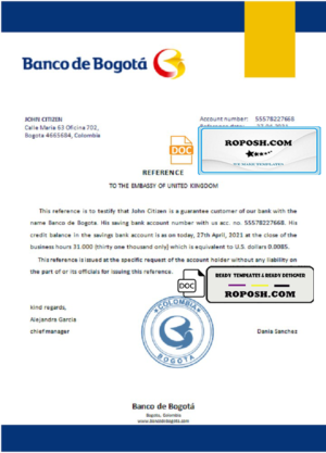 Colombia Banco de Bogotá bank account reference letter template in Word and PDF format