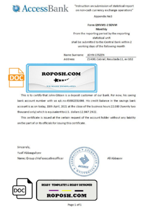 Azerbaijan Access bank reference letter template in Word and PDF format