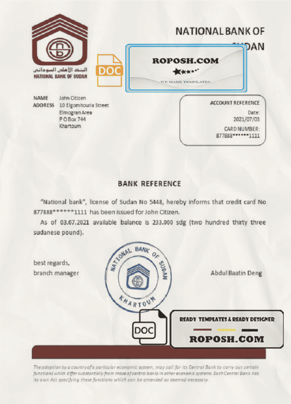 Sudan National Bank of Sudan bank account balance reference letter template in Word and PDF format