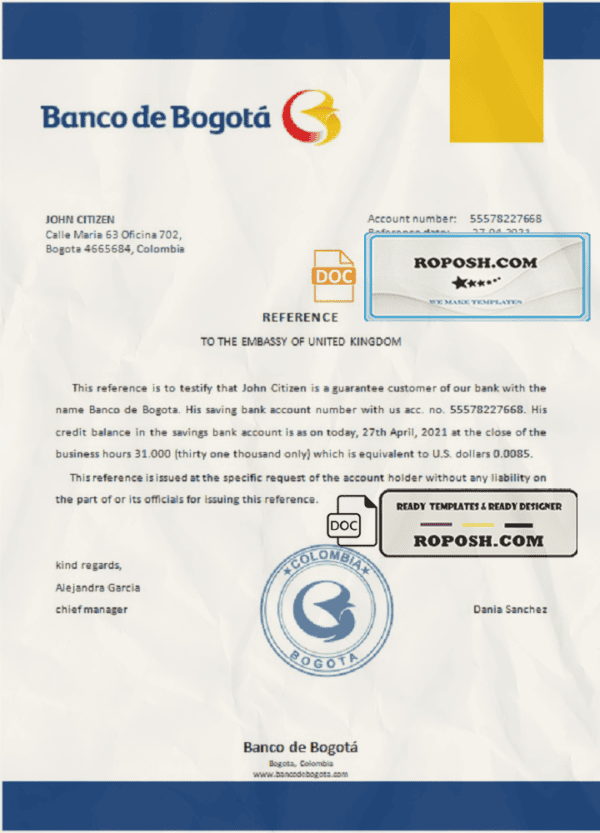 Colombia Banco de Bogotá bank account reference letter template in Word and PDF format