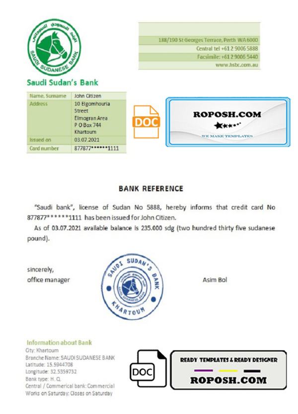 Sudan Saudi Sudan’s Bank bank account balance reference letter template in Word and PDF format