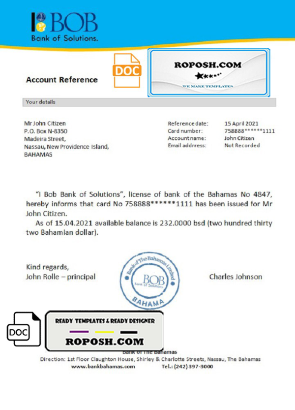 The Bahamas Bank of The Bahamas reference bank reference letter template in Word and PDF format