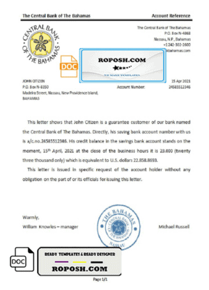 The Bahamas The Central Bank of The Bahamas bank reference letter template in Word and PDF format