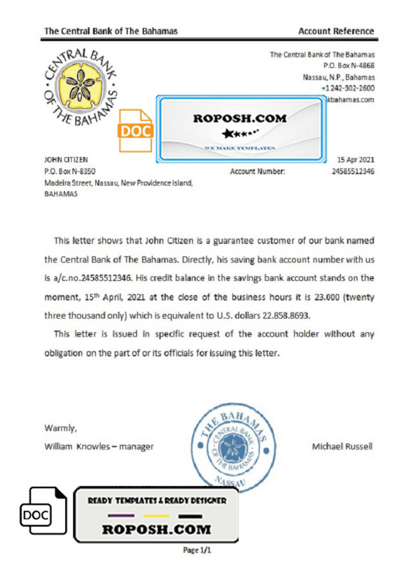 The Bahamas The Central Bank of The Bahamas bank reference letter template in Word and PDF format