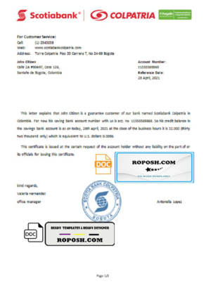 Colombia Scotiabank Colpatria bank account reference letter template in Word and PDF format