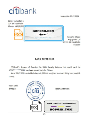 Sweden Citibank bank reference letter template in Word and PDF format