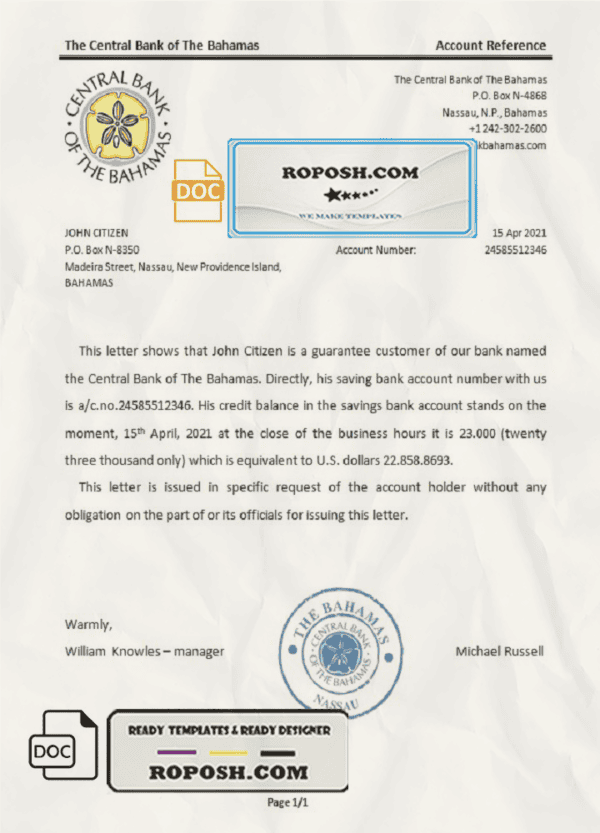The Bahamas The Central Bank of The Bahamas bank reference letter template in Word and PDF format
