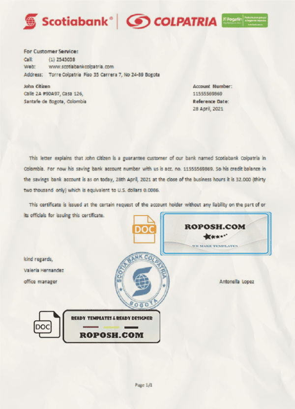 Colombia Scotiabank Colpatria bank account reference letter template in Word and PDF format