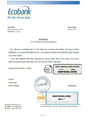 Congo Ecobank bank account reference letter template in Word and PDF format
