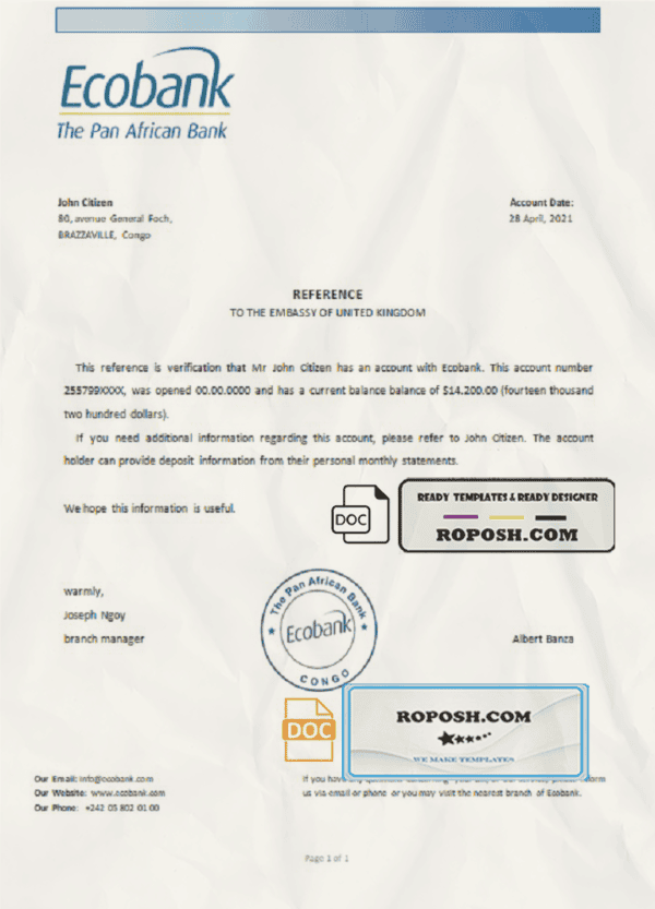 Congo Ecobank bank account reference letter template in Word and PDF format
