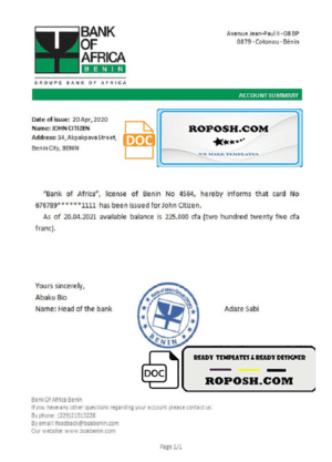 Benin Bank of Africa bank reference letter template in Word and PDF format