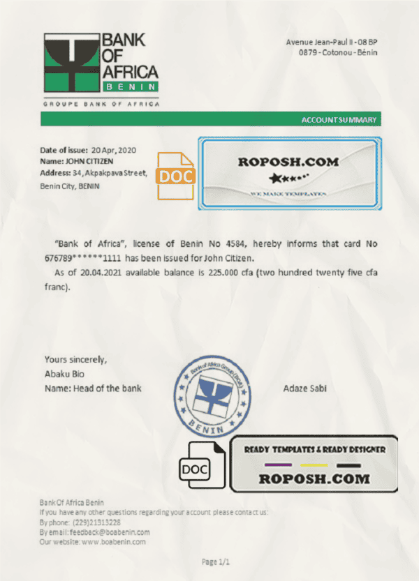 Benin Bank of Africa bank reference letter template in Word and PDF format