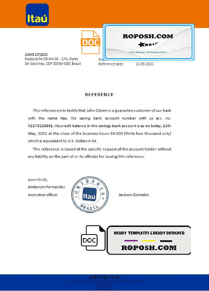 Brazil Itau bank account reference letter template in Word and PDF format