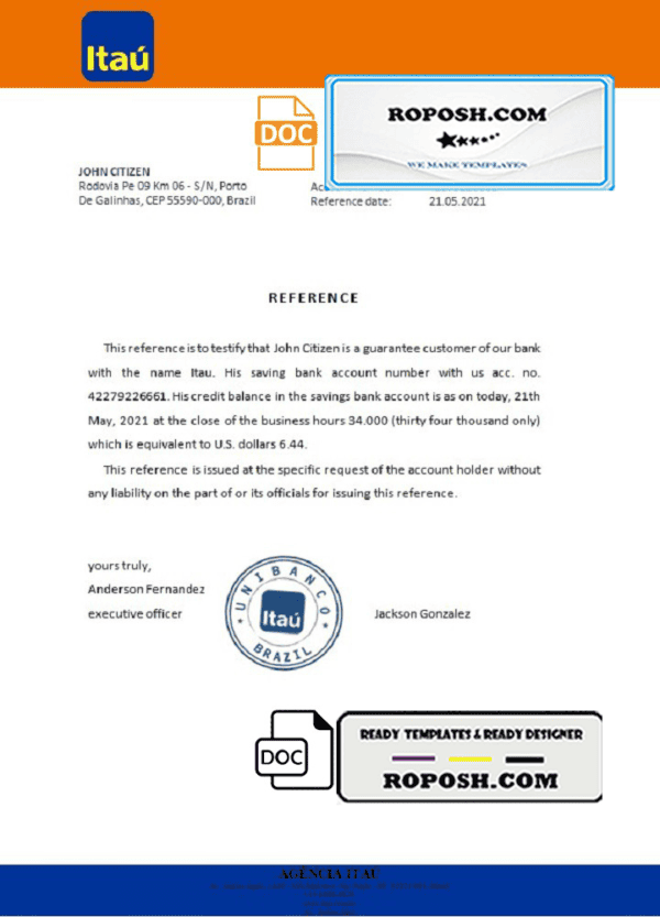 Brazil Itau bank account reference letter template in Word and PDF format